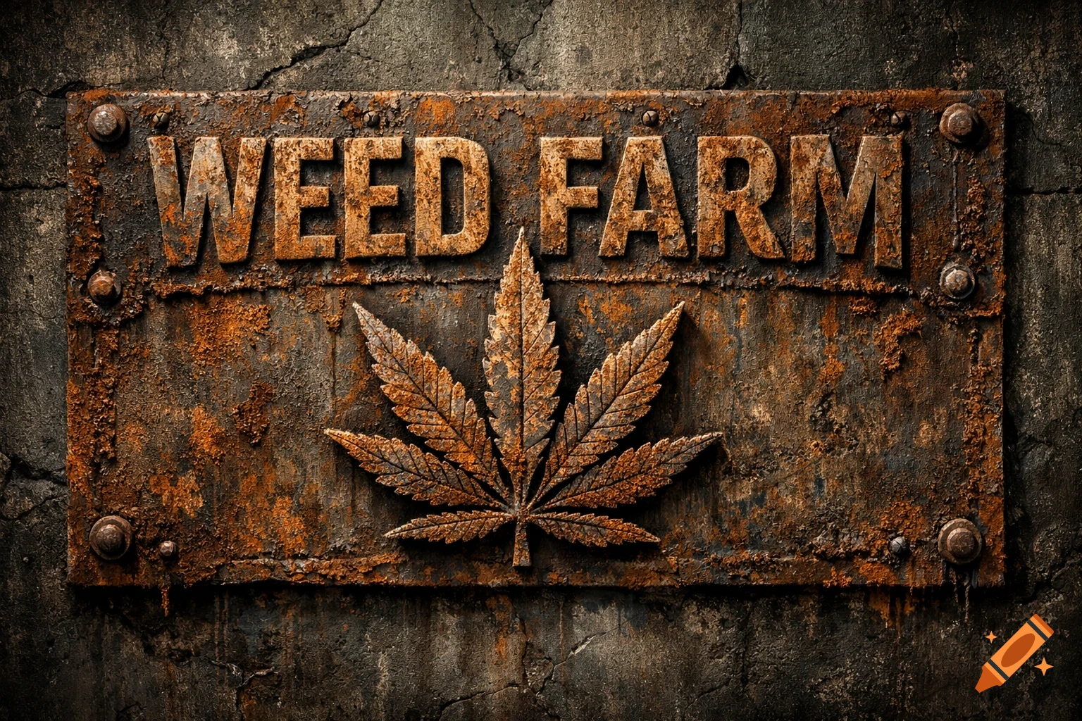 A rusty, weathered metal sign with "WEED FARM" text and a cannabis leaf emblem, mounted on a dark, cracked industrial wall in a gritty, realistic style.
