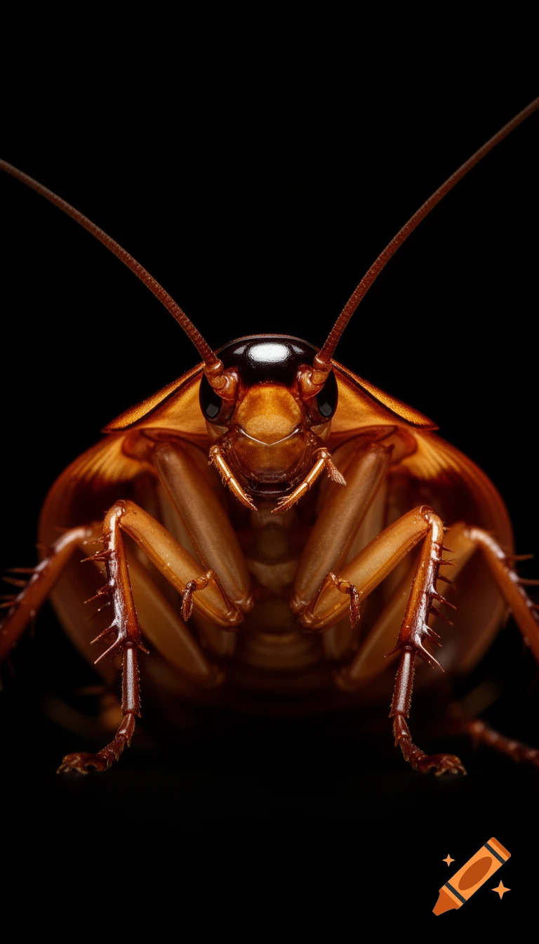 An ultra-realistic, extreme close-up photograph of a brown cockroach with long antennae against a dark background.