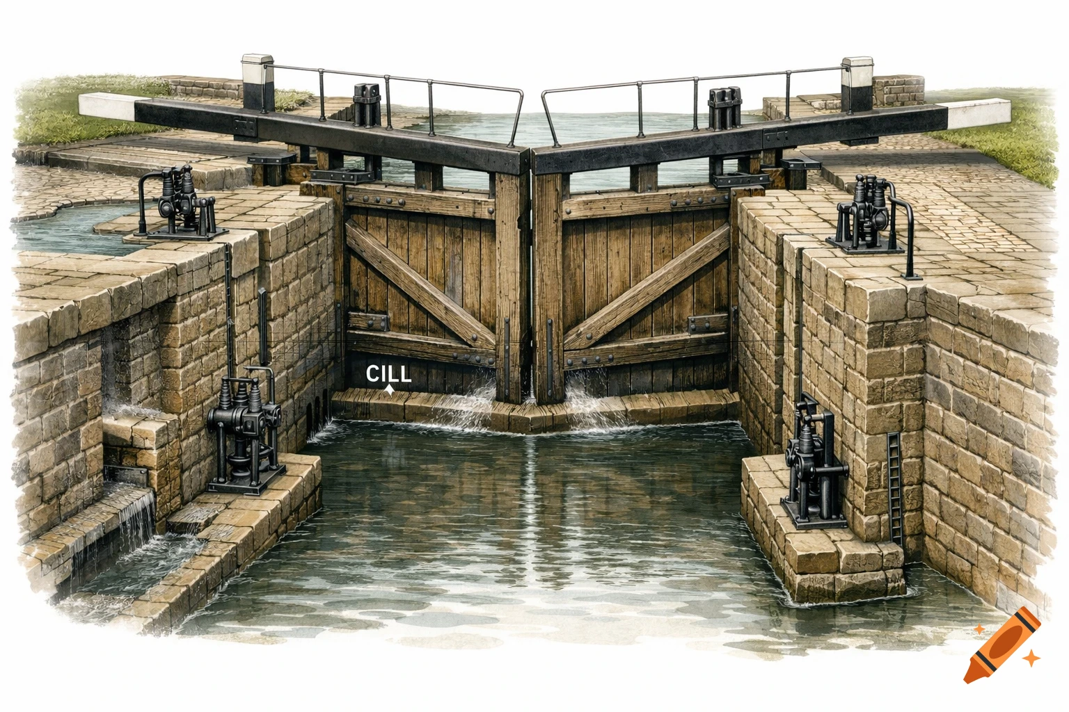 Detailed illustration of a UK canal lock with double mitre gates, showing its structure and components, including the cill.
