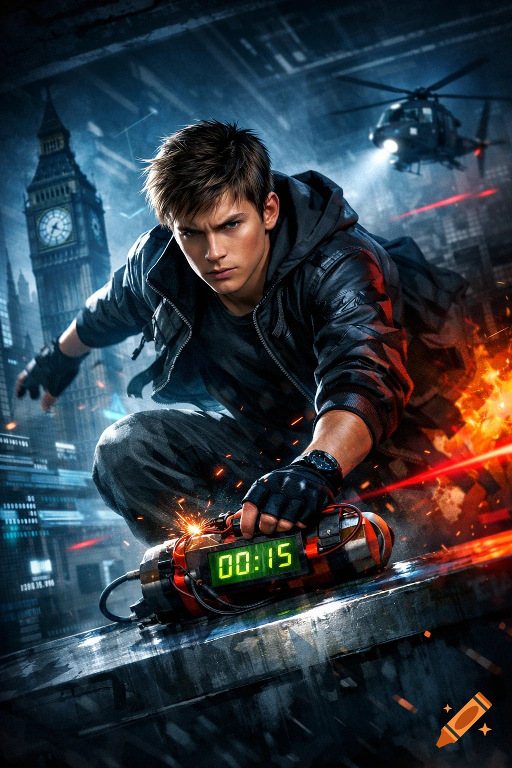 Young man in an action pose, holding a bomb with 00:15 countdown, against a fiery dark city with Big Ben and a helicopter.