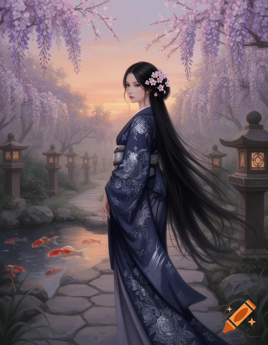 Japanese woman in a blue kimono in a wisteria garden at sunset, with a koi pond and lanterns below.