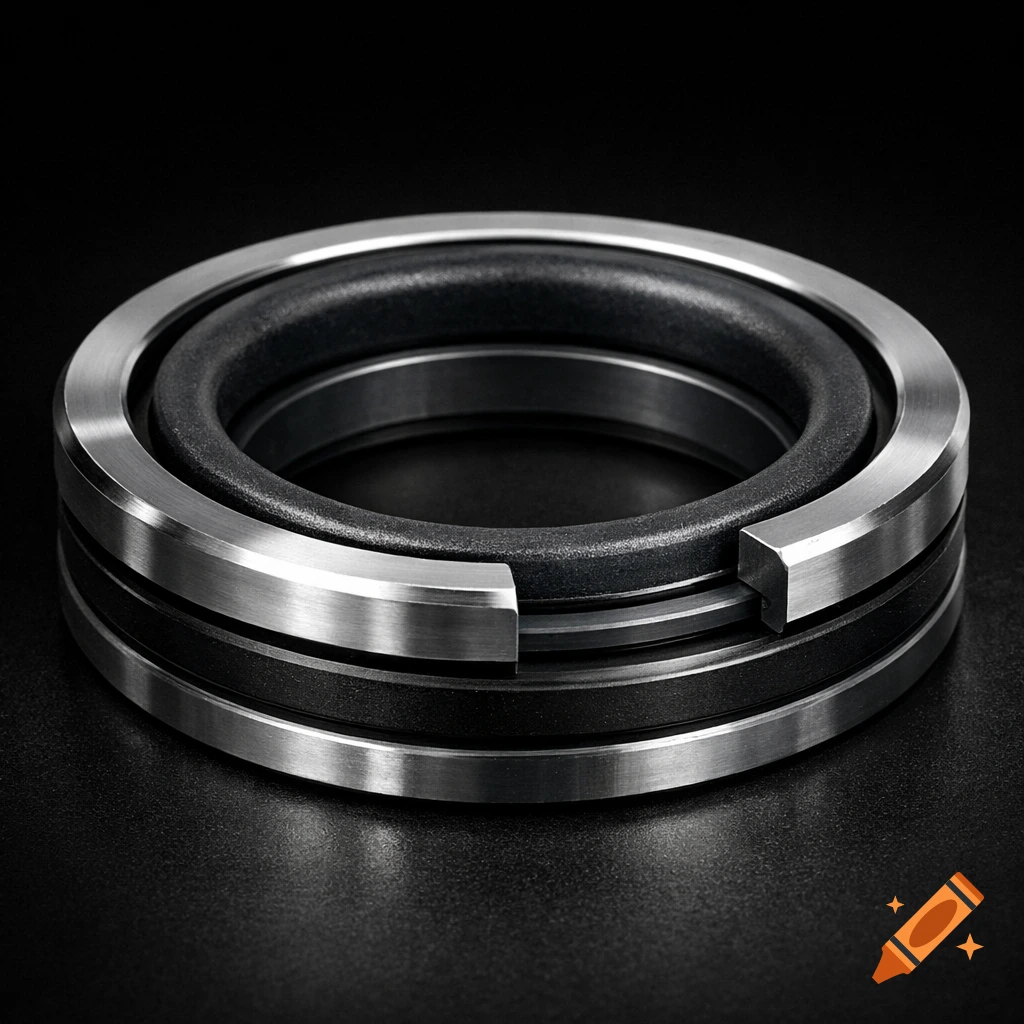Close-up, photorealistic shot of a metallic and rubber ring-shaped mechanical component, like a piston seal, on a dark background.