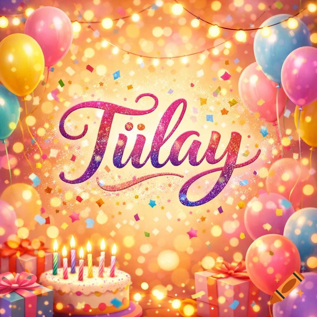A vibrant birthday celebration with colorful balloons, confetti, glowing lights, a cake, presents, and the name 'Tülay' in sparkling script.