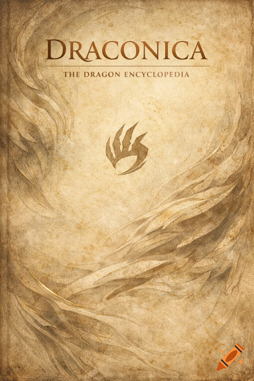An ancient-looking, yellowish book cover titled DRACONICA THE DRAGON ENCYCLOPEDIA, featuring a stylized dragon claw symbol and subtle wavy designs.