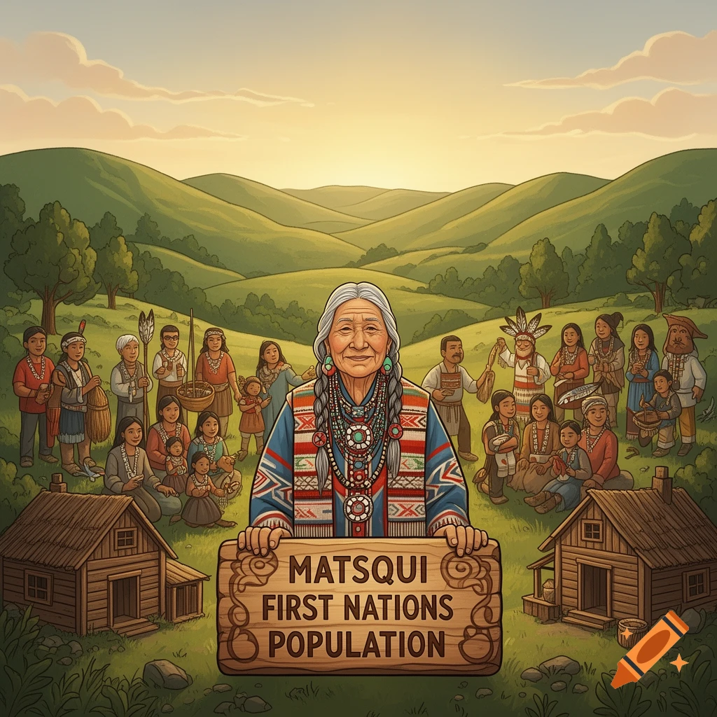 An illustration of an elderly Indigenous woman holding a sign saying 'Matsqui First Nations Population', surrounded by her community in a rural landscape with huts.
