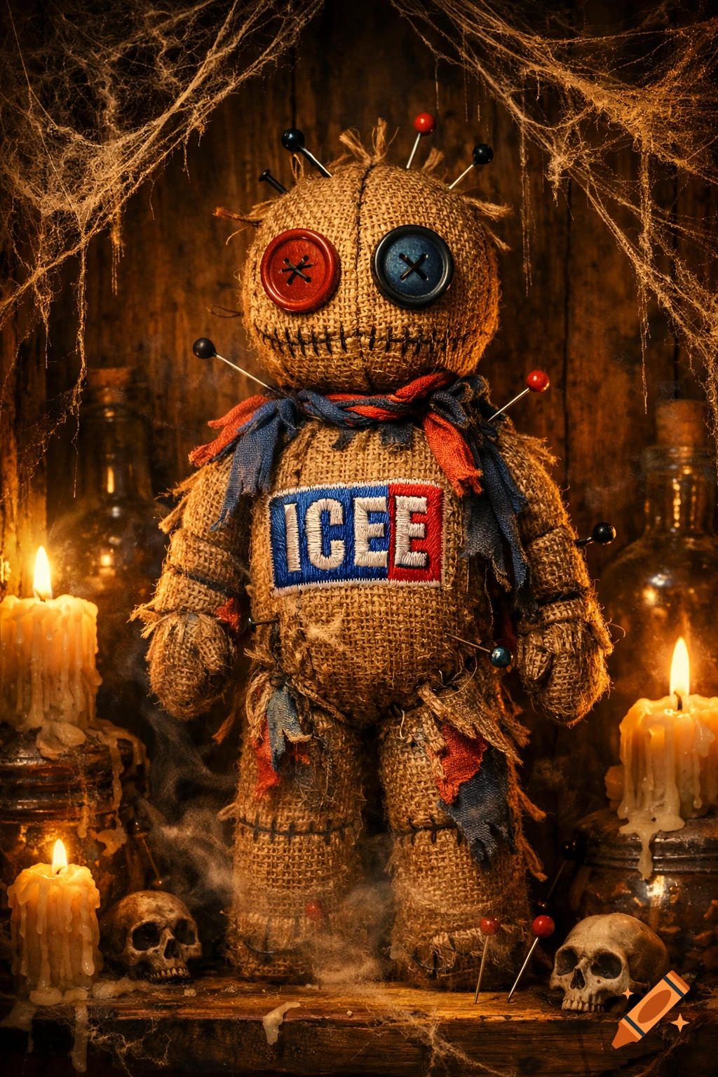 A voodoo doll with an ICEE logo on its chest stands amidst cobwebs, lit candles, and small skulls, creating a spooky atmosphere.