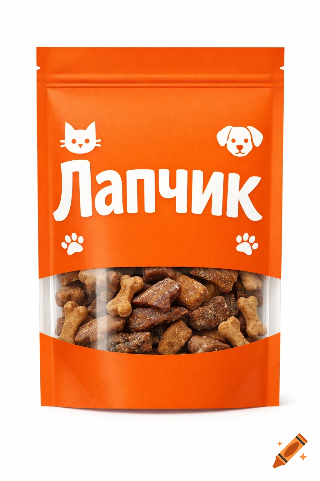 Photorealistic orange pet treat package with 'Лапчик' text, cat and dog icons, and a clear window showing bone and chunk treats.