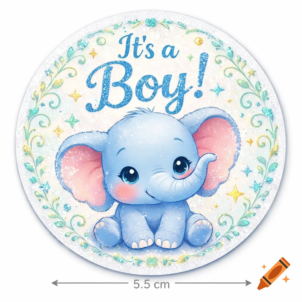 A cute blue baby elephant on a sparkly round 'It's a Boy!' cupcake topper with a leafy border.