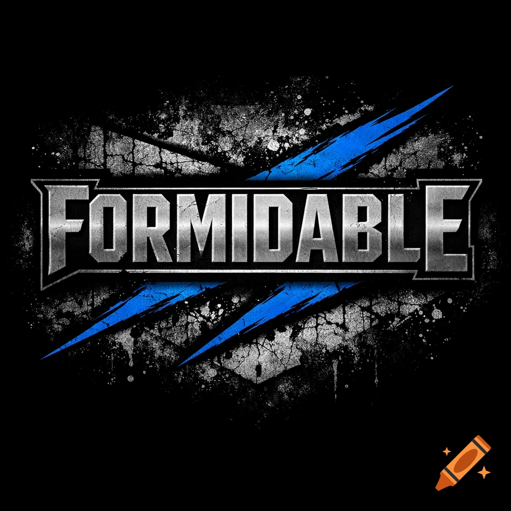 Metallic 'FORMIDABLE' text with blue claw marks and grunge textures on a black background.