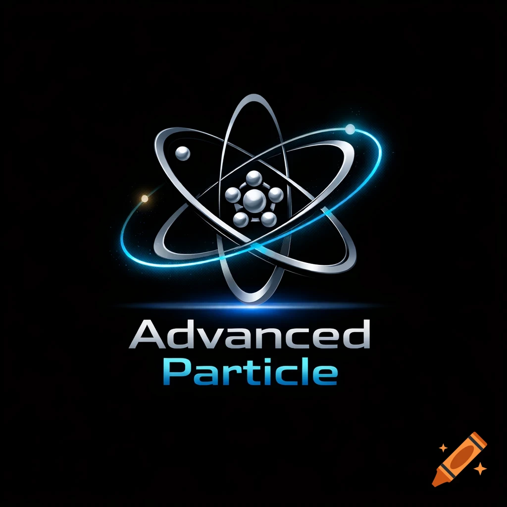 A metallic atom logo with glowing blue rings and orbiting particles, above the words 'Advanced Particle' on a black background.