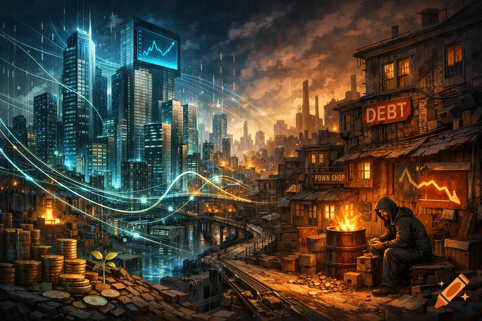 A divided city scene with a glowing blue futuristic skyline on the left and a gritty, orange-lit slum on the right, featuring a 'DEBT' sign and a hooded figure.