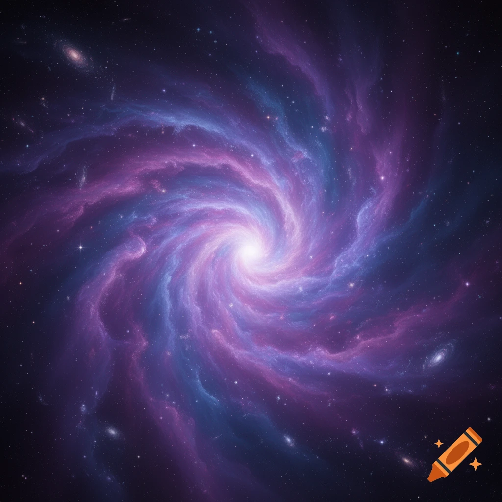A vibrant spiral nebula with swirling purple and blue gas clouds against a dark, star-filled space background.