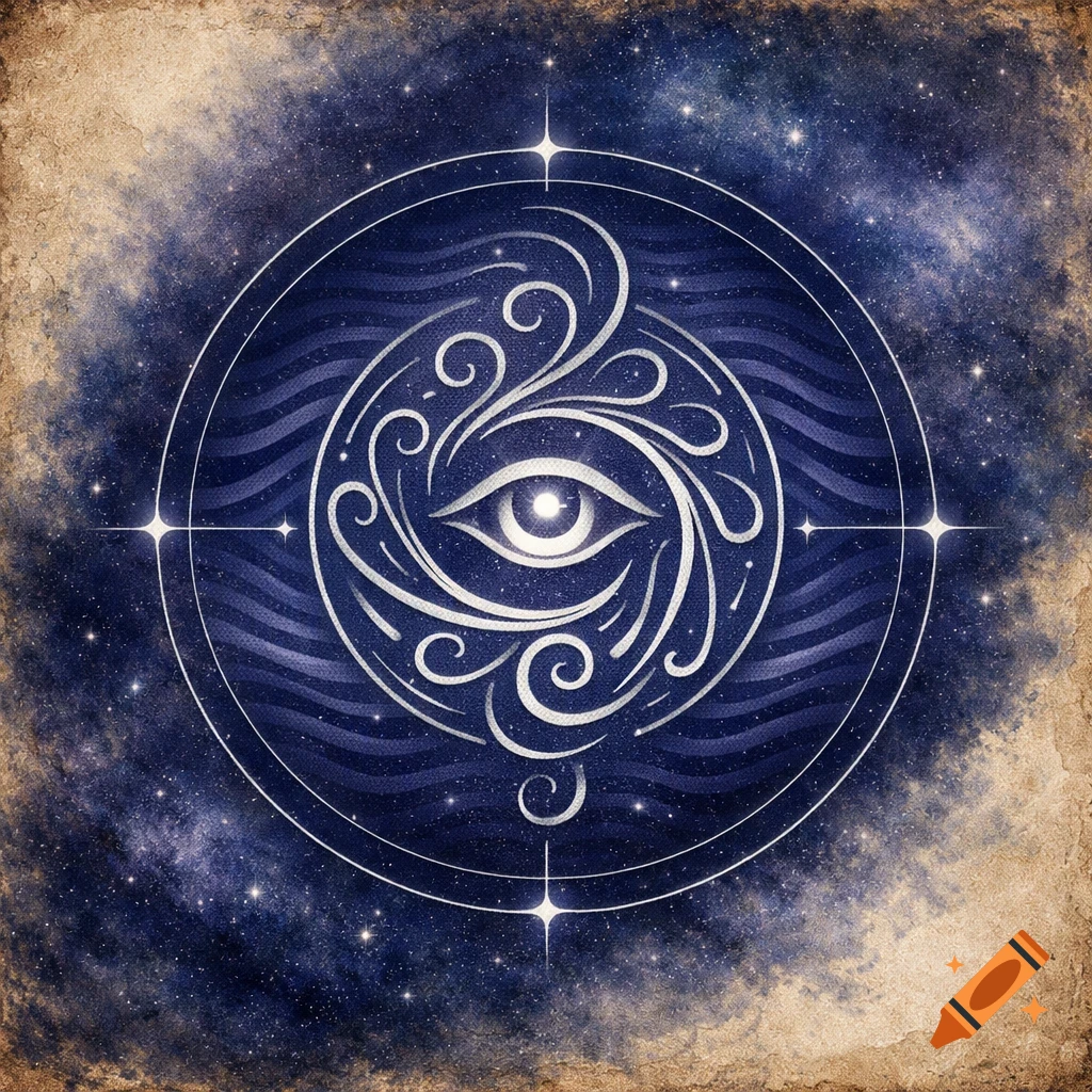A stylized third eye sigil in white and silver, surrounded by swirls and indigo waves within a dark blue cosmic circle on a starry, textured background.