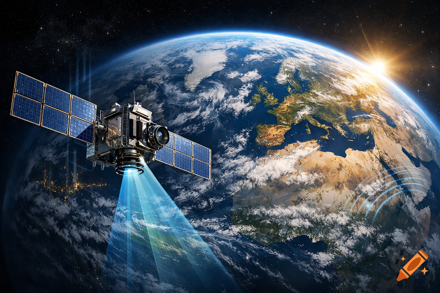 Ultra-realistic illustration of a remote sensing satellite orbiting Earth, illuminated by the sun, with visible continents and scanning beams.