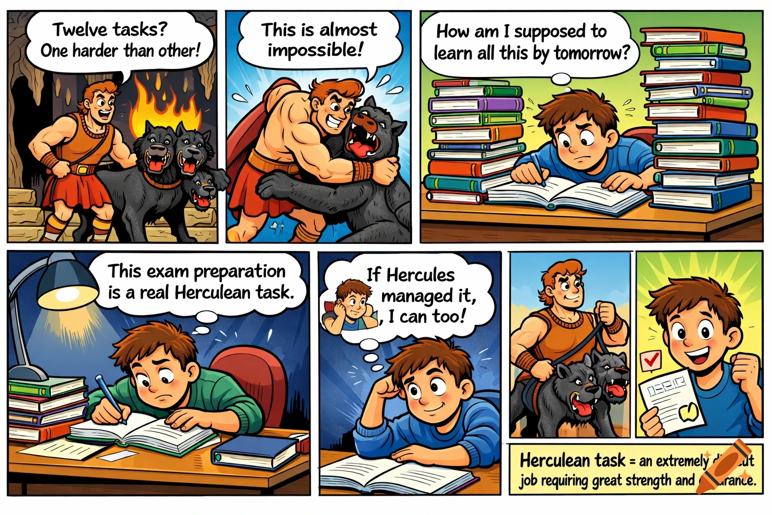 A 6-panel comic strip showing Hercules with Cerberus and a student studying, then triumphantly completing a 'Herculean task'.