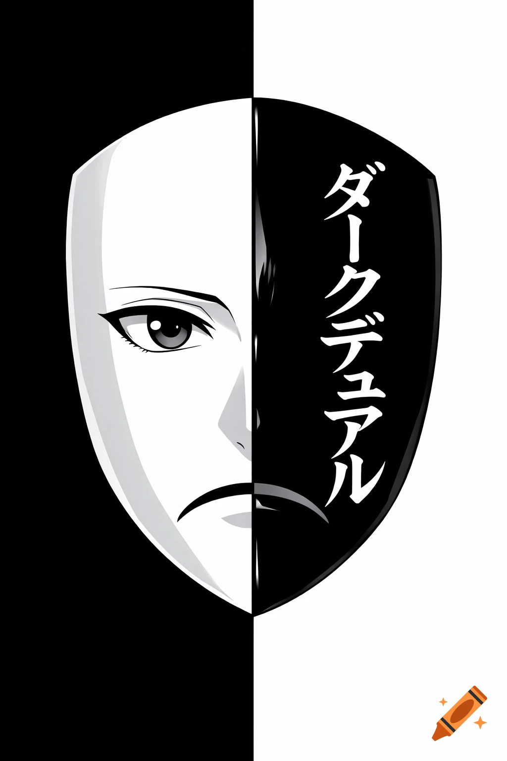 Anime-style mask, split into high-contrast black and white halves. The white side shows an eye, the black side has vertical Japanese text 'Dark Dual'.