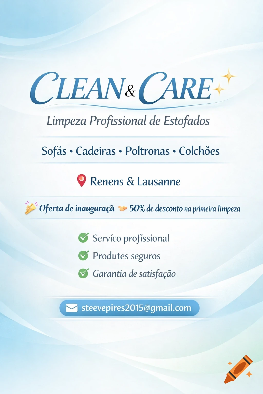 A blue and white digital flyer for "Clean & Care" professional upholstery cleaning, detailing services for sofas, chairs, armchairs, and mattresses, an inauguration offer of 50% discount, and contact email.