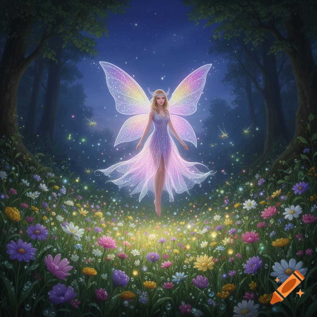 A radiant fairy with sparkling, iridescent wings and a flowing purple gown floats over a field of colorful wildflowers in a magical forest.