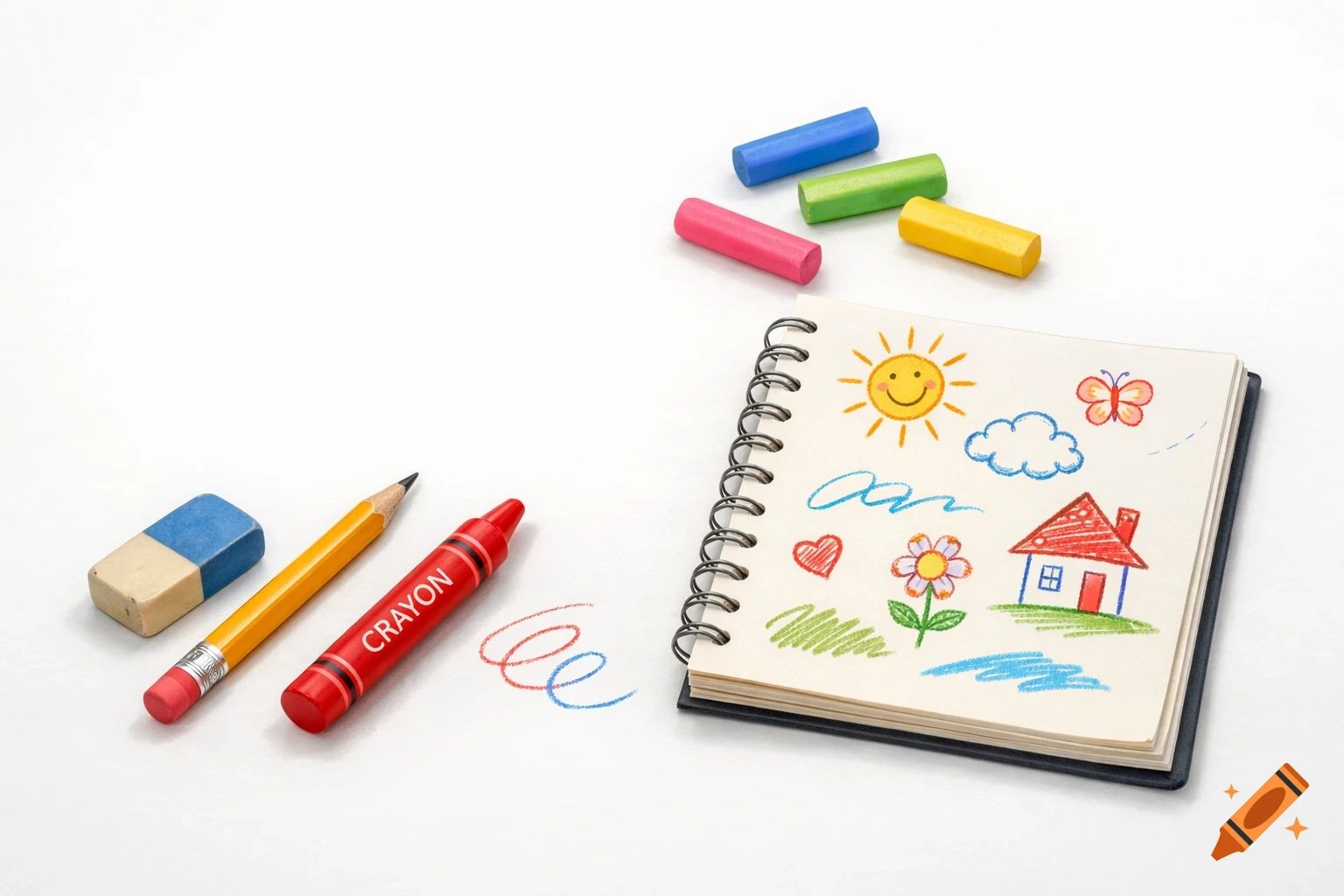 Drawing supplies including a red crayon, yellow pencil, eraser, and colorful chalk sticks next to a spiral notebook with a child's drawing.