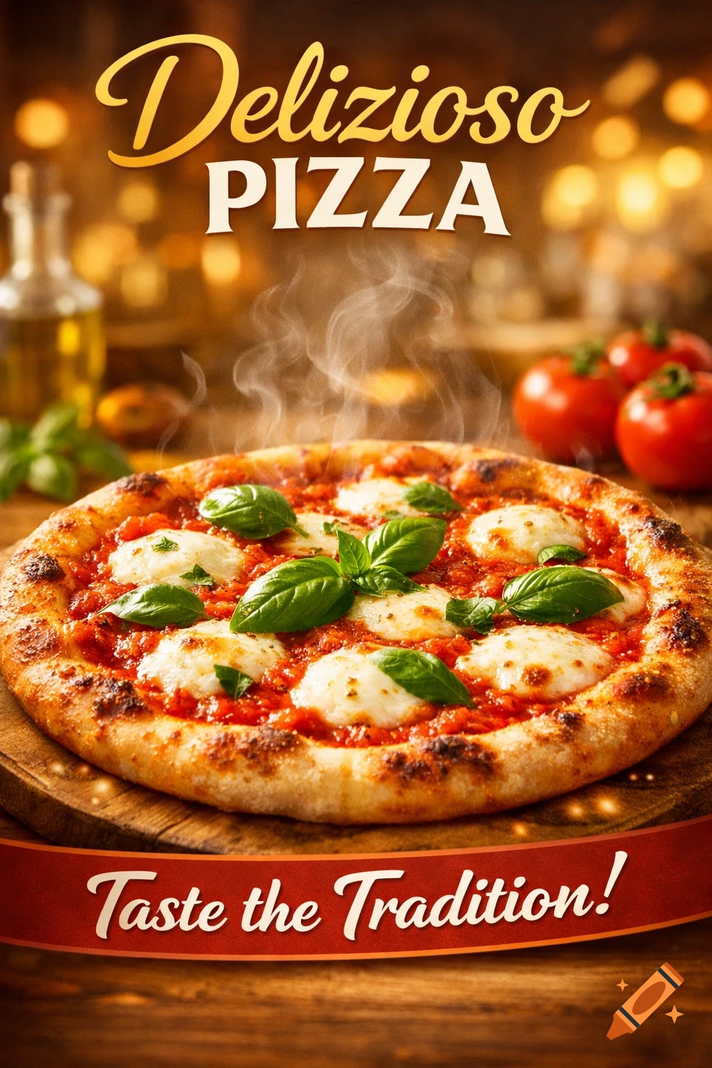Photorealistic image of a steaming pizza with mozzarella and basil on a wooden board, with "Delizioso PIZZA" and "Taste the Tradition!" text.