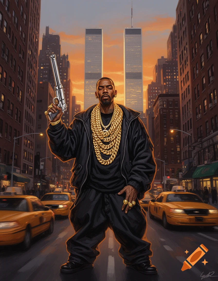 Stylized illustration of a rapper with gold chains, holding a gun, on a New York City street with taxis and the Twin Towers.