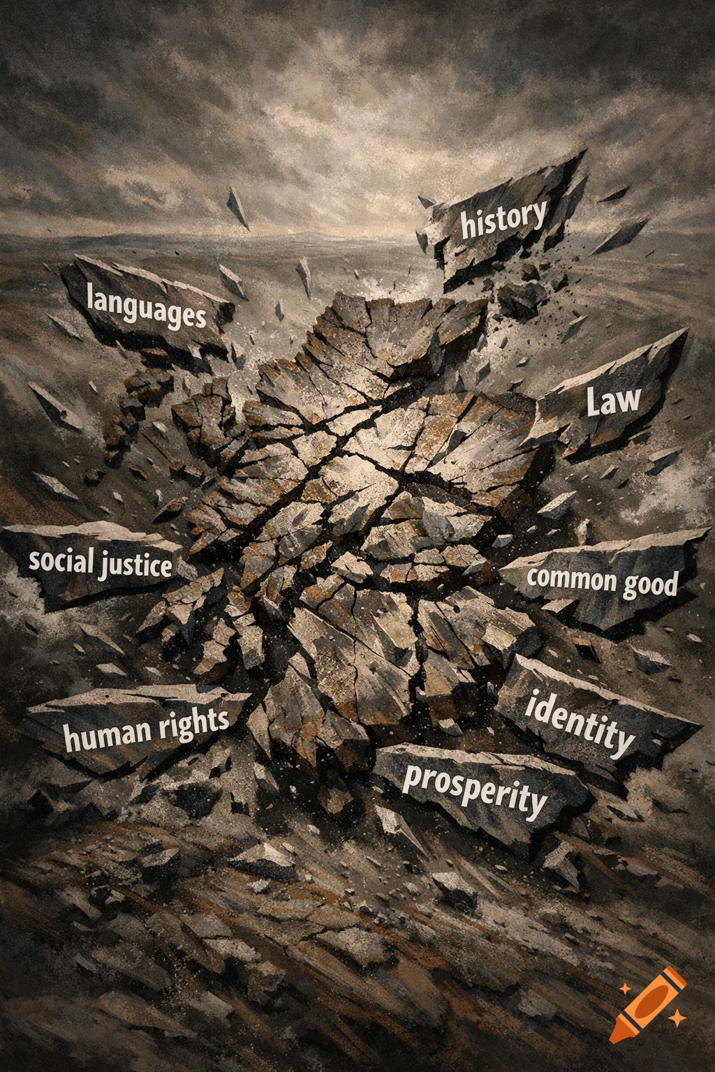 Dark, painterly illustration of a ground fracturing into jagged rock shards, with words like 'languages', 'history', 'Law', and 'human rights' written on them.