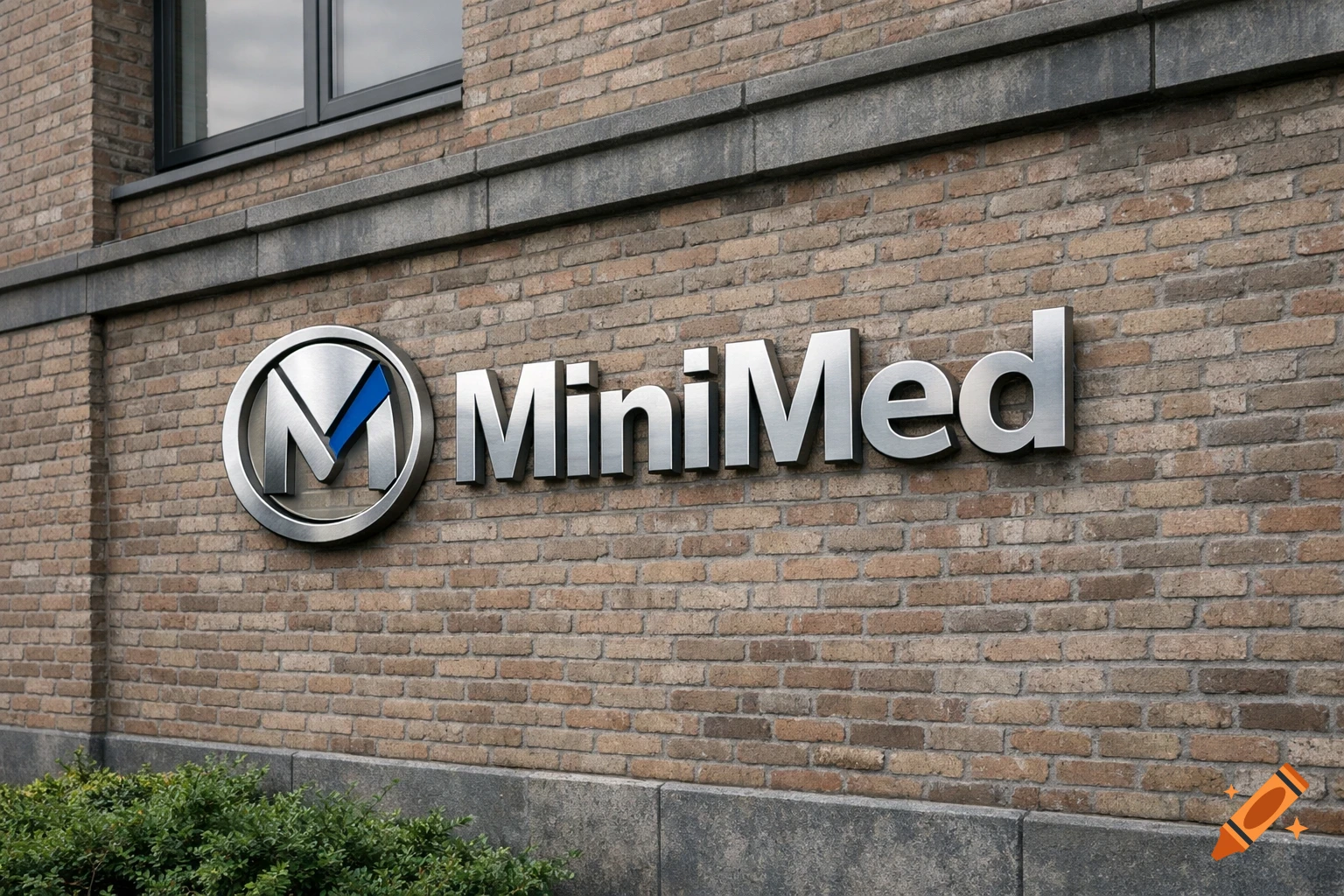 Silver MiniMed logo and emblem on a light brown brick building exterior, with green bushes below.