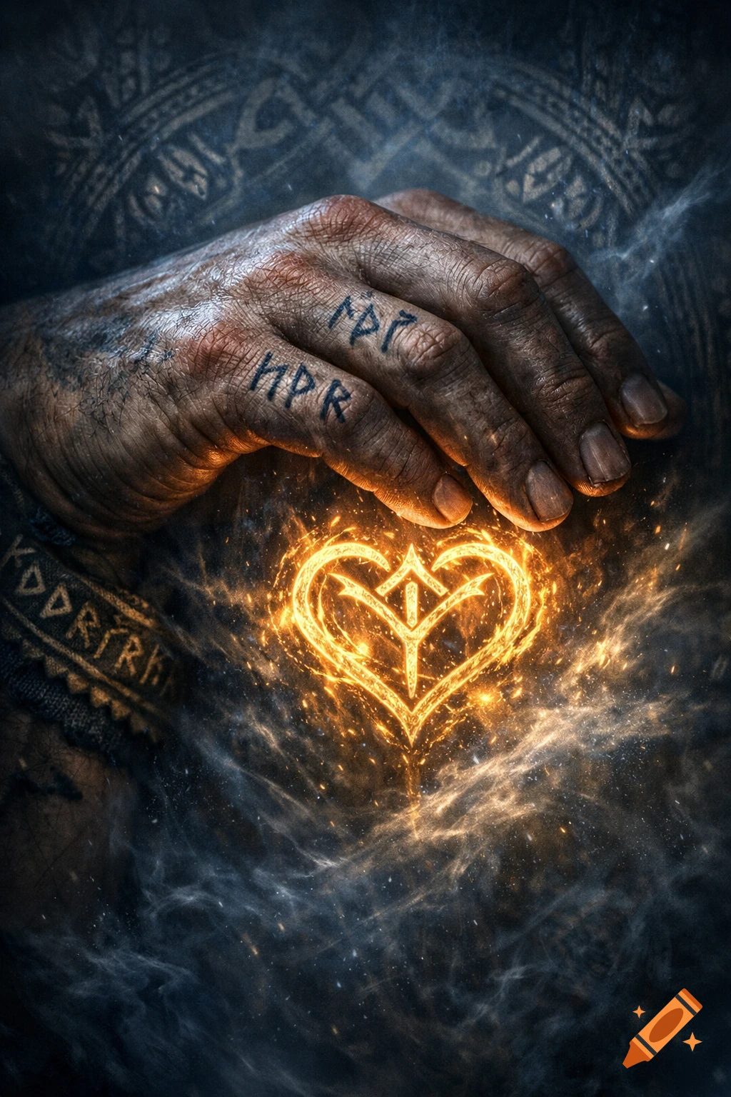A detailed, tattooed hand holds a glowing, heart-shaped runic symbol amidst swirling smoke and particles in a mystical, dark setting.