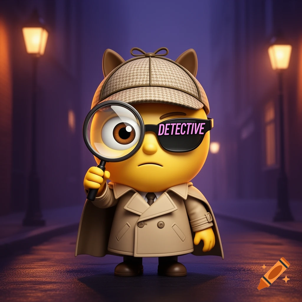 A 3D emoji detective in a trench coat and deerstalker hat, holding a magnifying glass, stands in a dark alley. 'DETECTIVE' is written on its sunglasses.