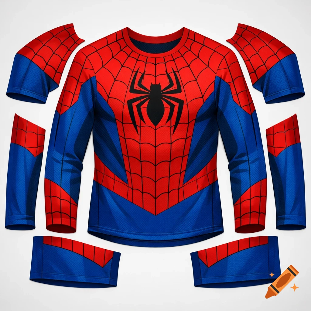 A disassembled red and blue Spider-Man long-sleeved shirt print template with the iconic black spider logo and web pattern.