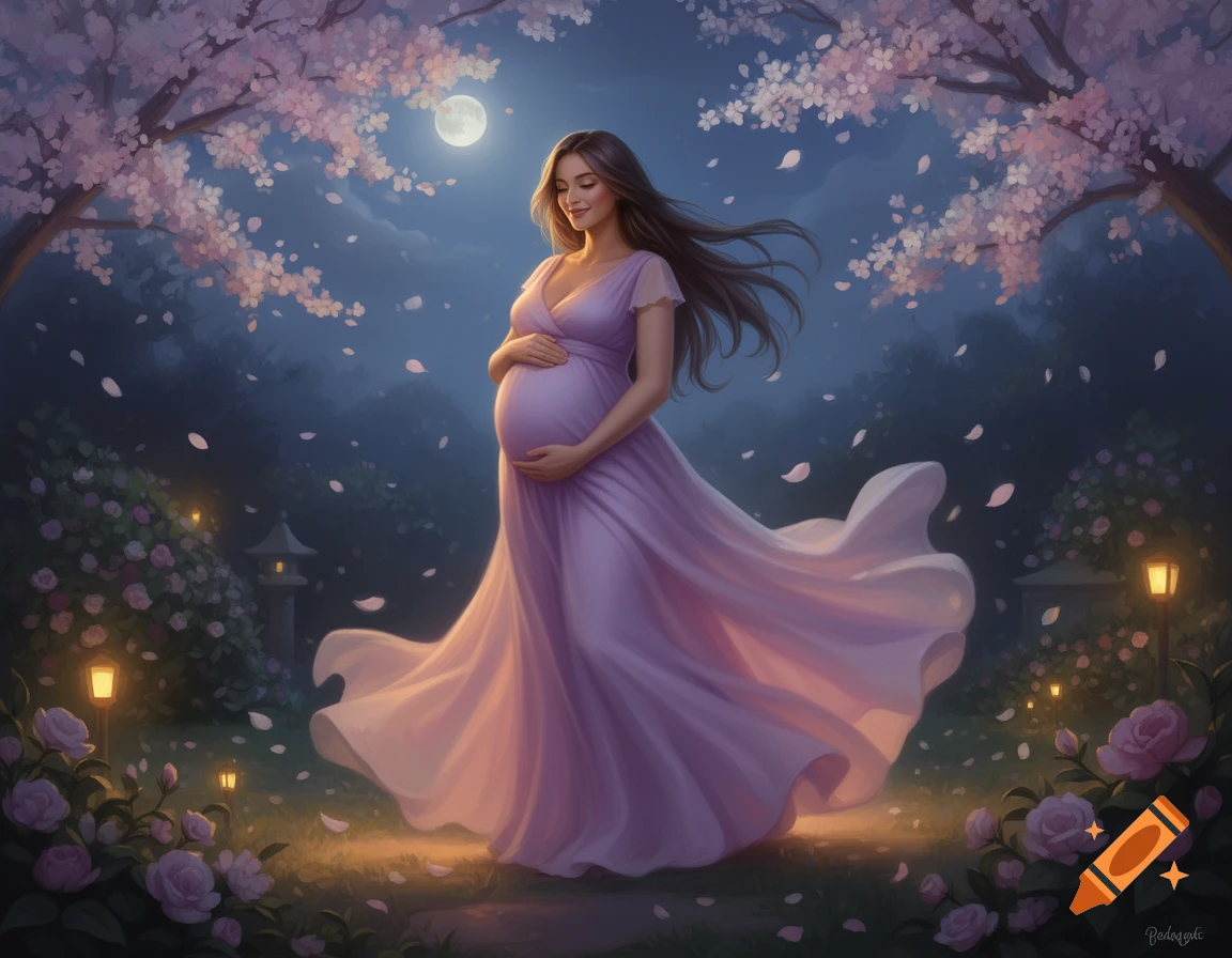 Ethereal illustration of a pregnant woman in a flowing purple dress, holding her belly under a full moon in a cherry blossom garden.