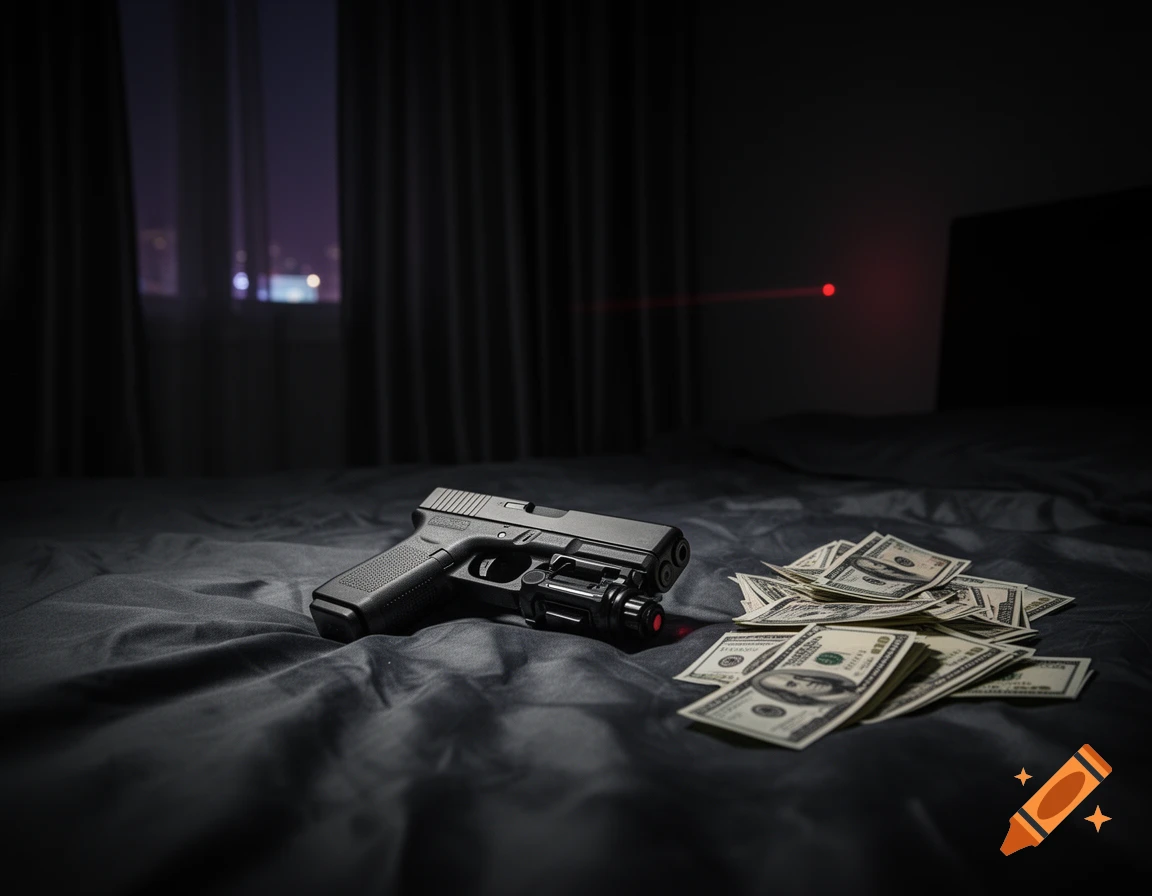 A black handgun with a laser sight lies next to a pile of cash on dark bedding in a dimly lit room, with a city view outside the window.