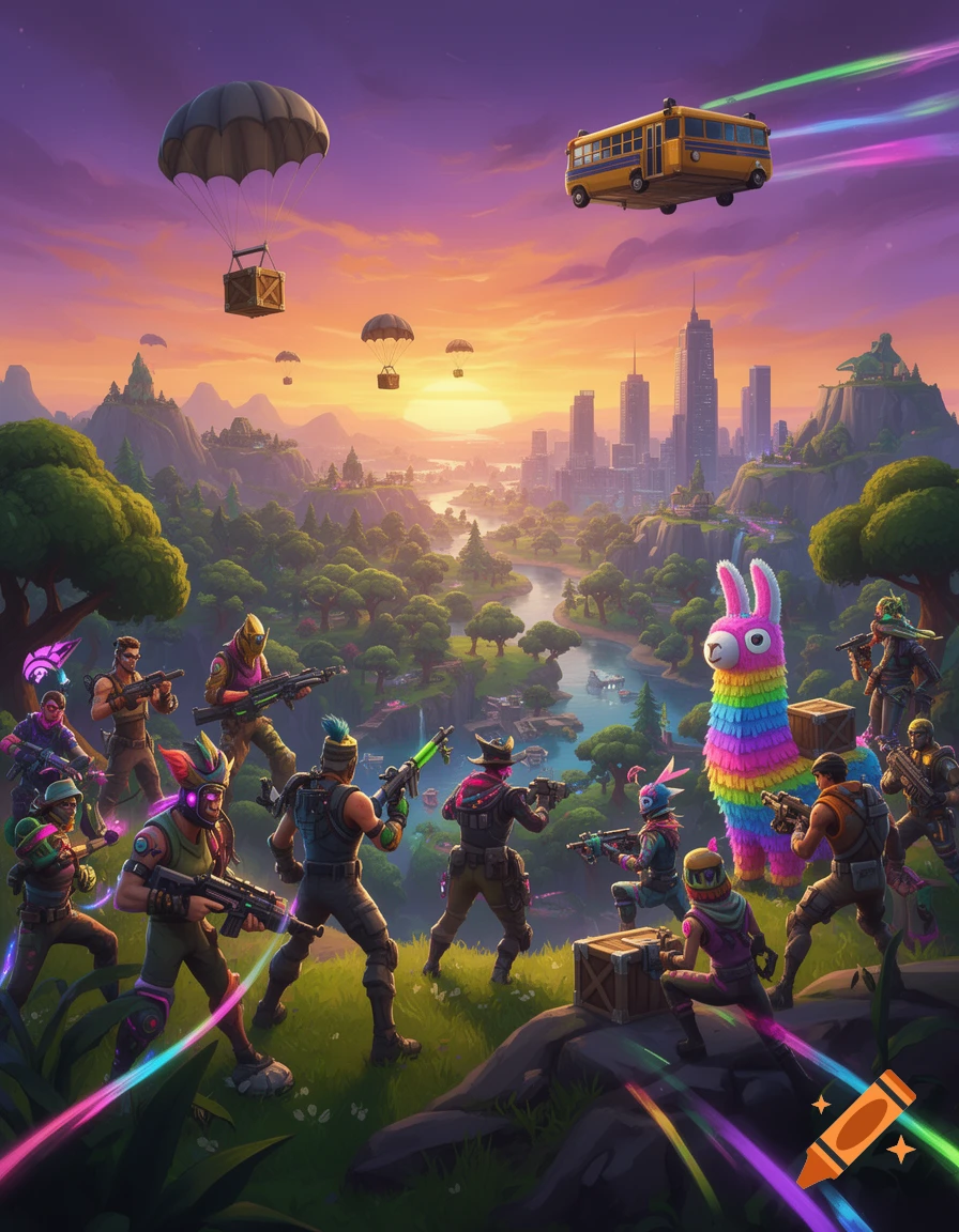 Stylized image of Fortnite characters in a colorful landscape at sunset, with a battle bus, supply drops, and a Llama piñata.