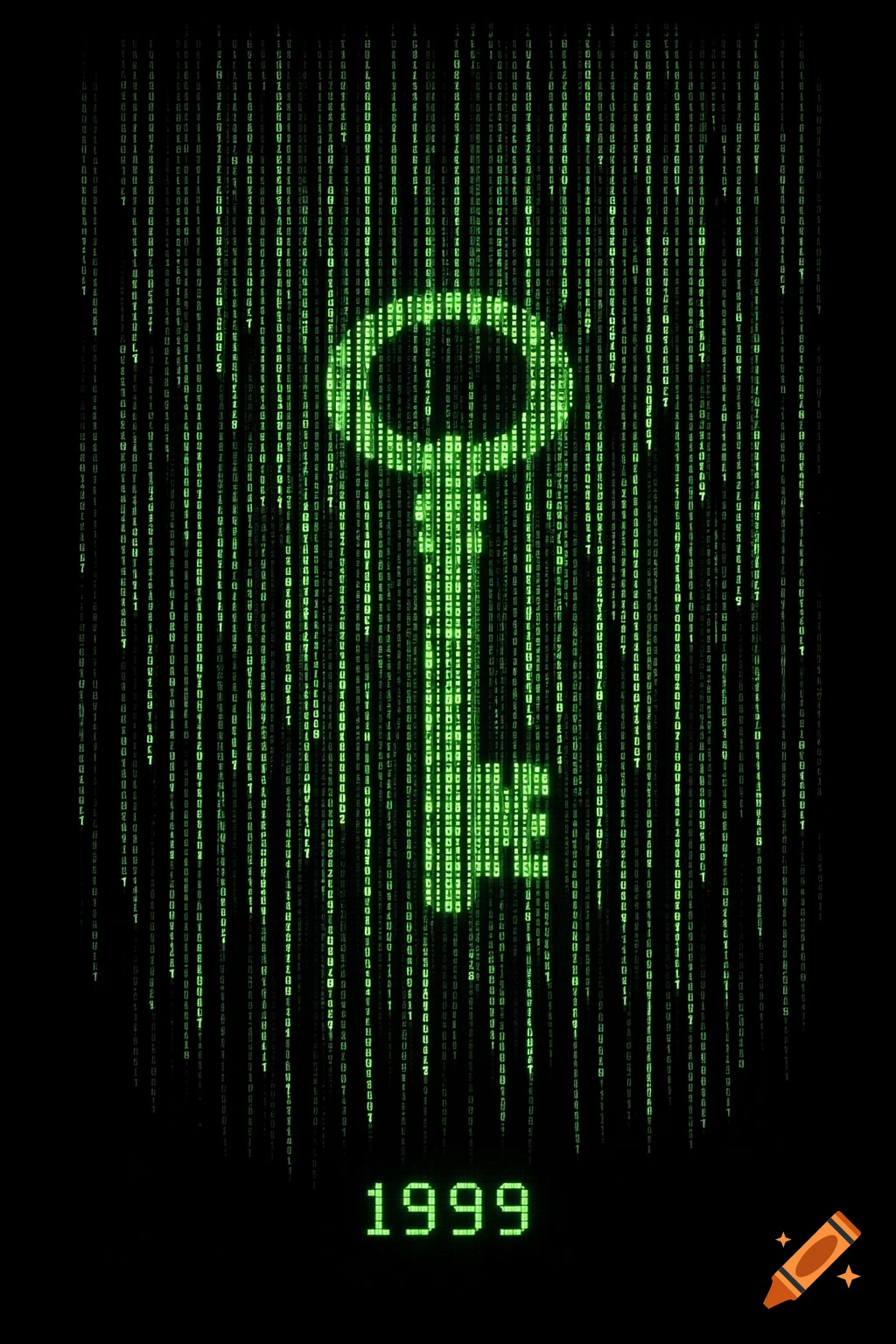 A minimalist movie poster for The Matrix, showing a glowing green digital key formed by raining code, with "1999" at the bottom.