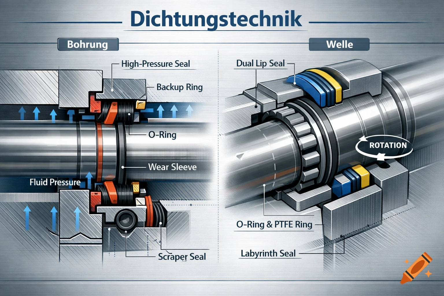 Technical illustration of sealing technology, showing cross-sections of bore and shaft components with labeled seals and fluid dynamics.