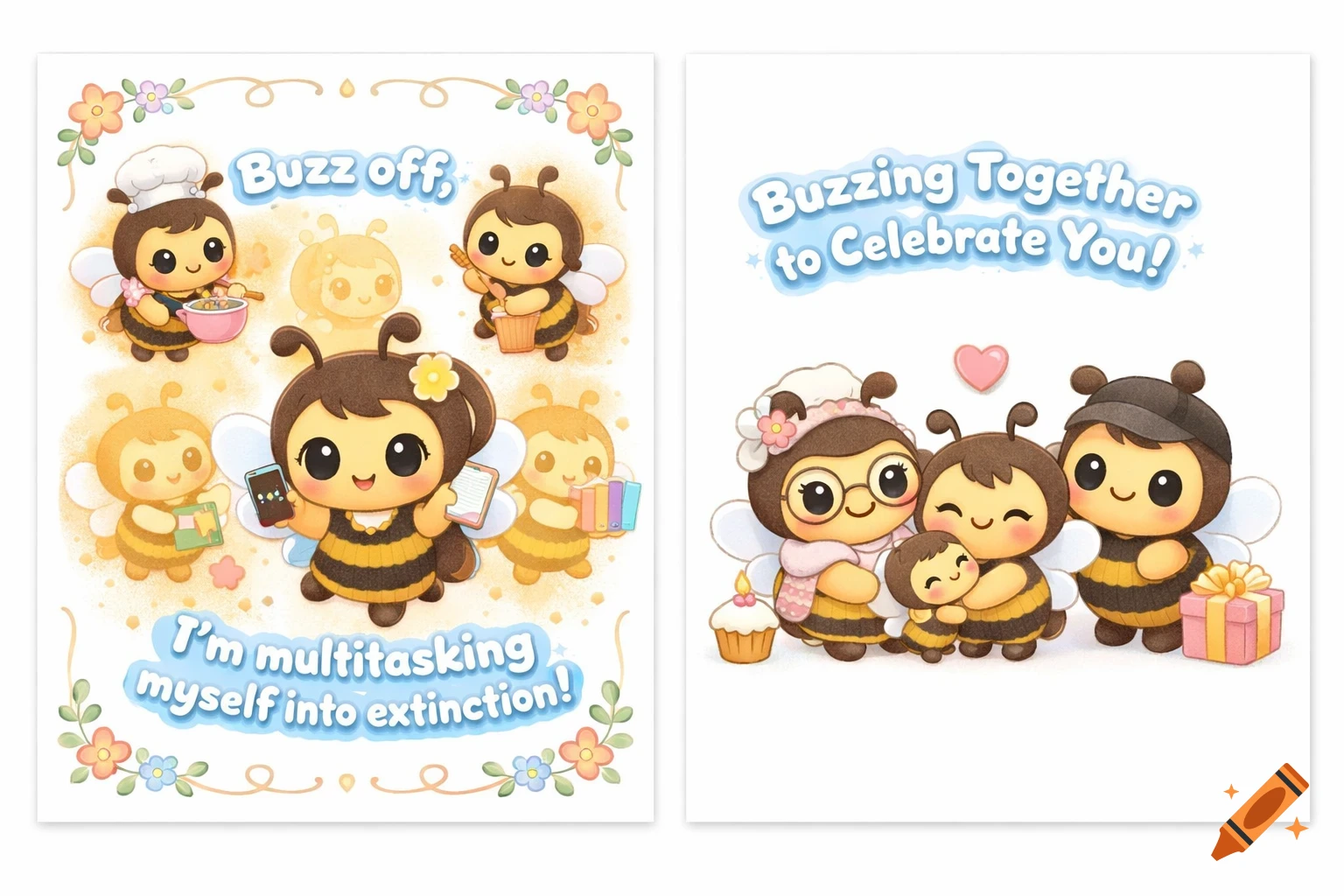 Two whimsical cartoon greeting card panels. One shows a multitasking bee girl, the other a bee family celebrating.