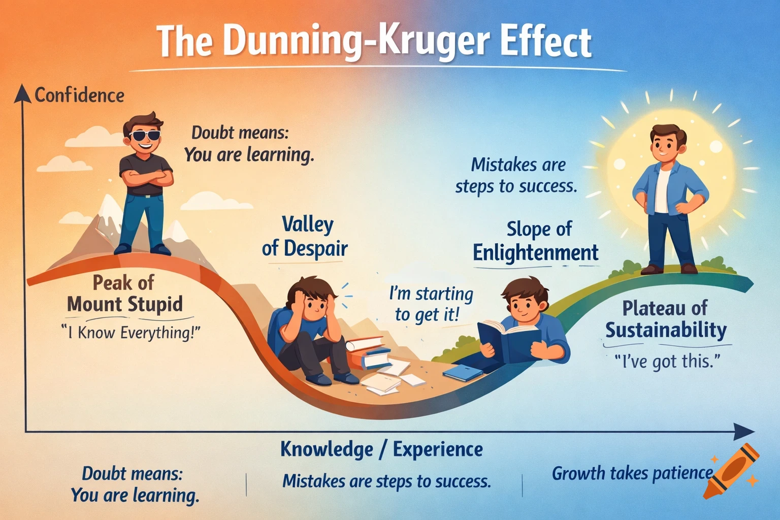 An educational infographic illustrating the Dunning-Kruger Effect with a curved graph showing confidence vs. knowledge, featuring four distinct stages with cartoon figures and motivational text.