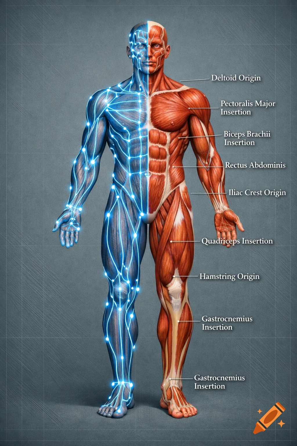 Anatomical chart of a man showing muscles on the right half and glowing blue nerves or meridians on the left half, with labels.