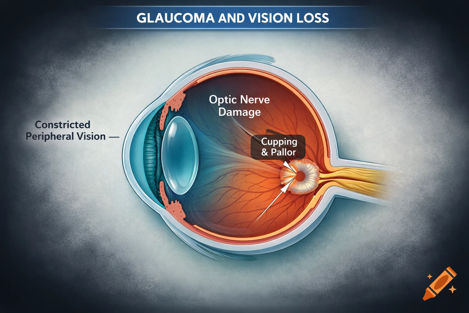 A detailed medical illustration of an eye cross-section showing glaucoma, with labels indicating optic nerve damage and vision loss.