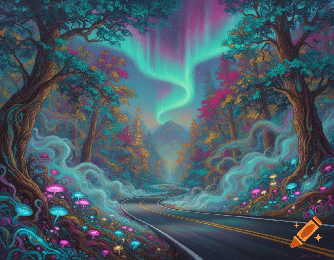 A winding road through a vibrant, psychedelic forest with glowing mushrooms, under a turquoise and pink aurora-lit sky.