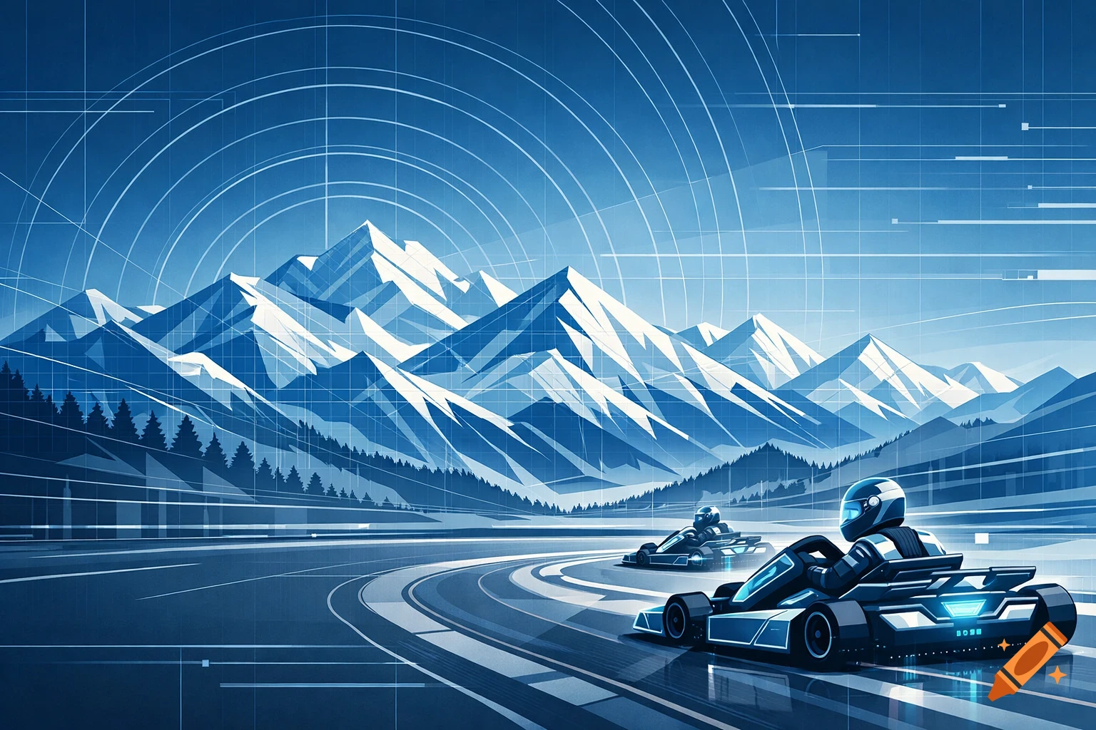 Geometric sci-fi vector art of two futuristic go-karts racing on a track with snowy mountains and technical overlays.