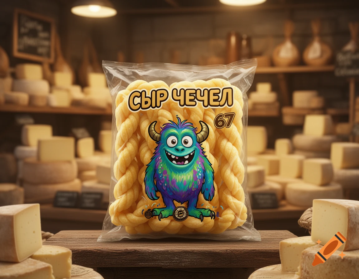 Plastic bag of braided chechel cheese with a colorful monster character and text on a wooden table in a cheese shop.