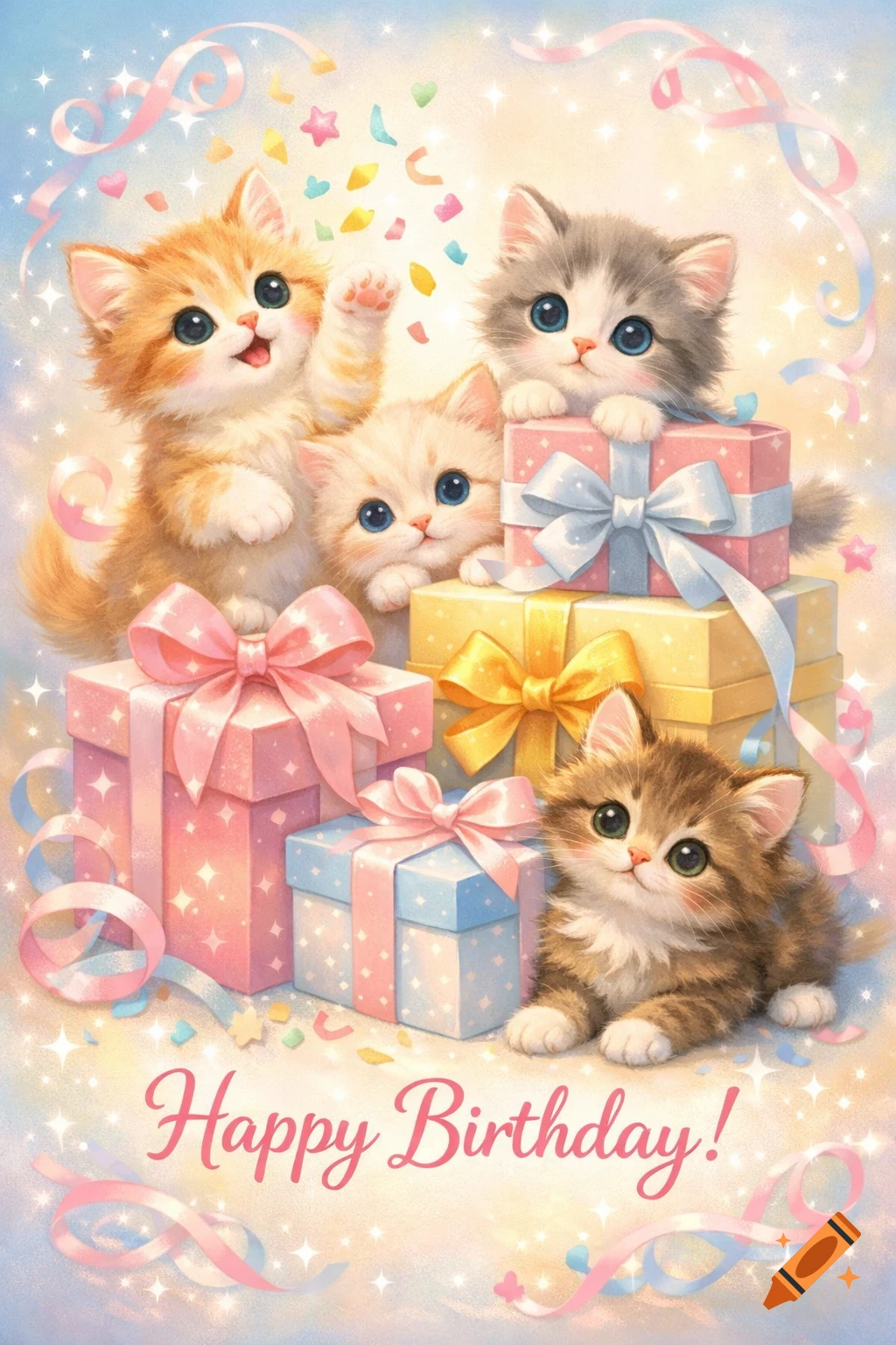 Five adorable cartoon kittens playing around colorful birthday gifts, confetti, and streamers, with "Happy Birthday!" text at the bottom. The style is bright and whimsical.