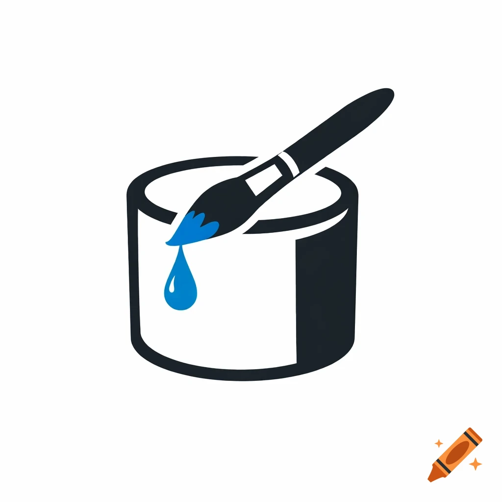 Minimalist flat design logo of a black paint can with a paintbrush dripping blue paint.