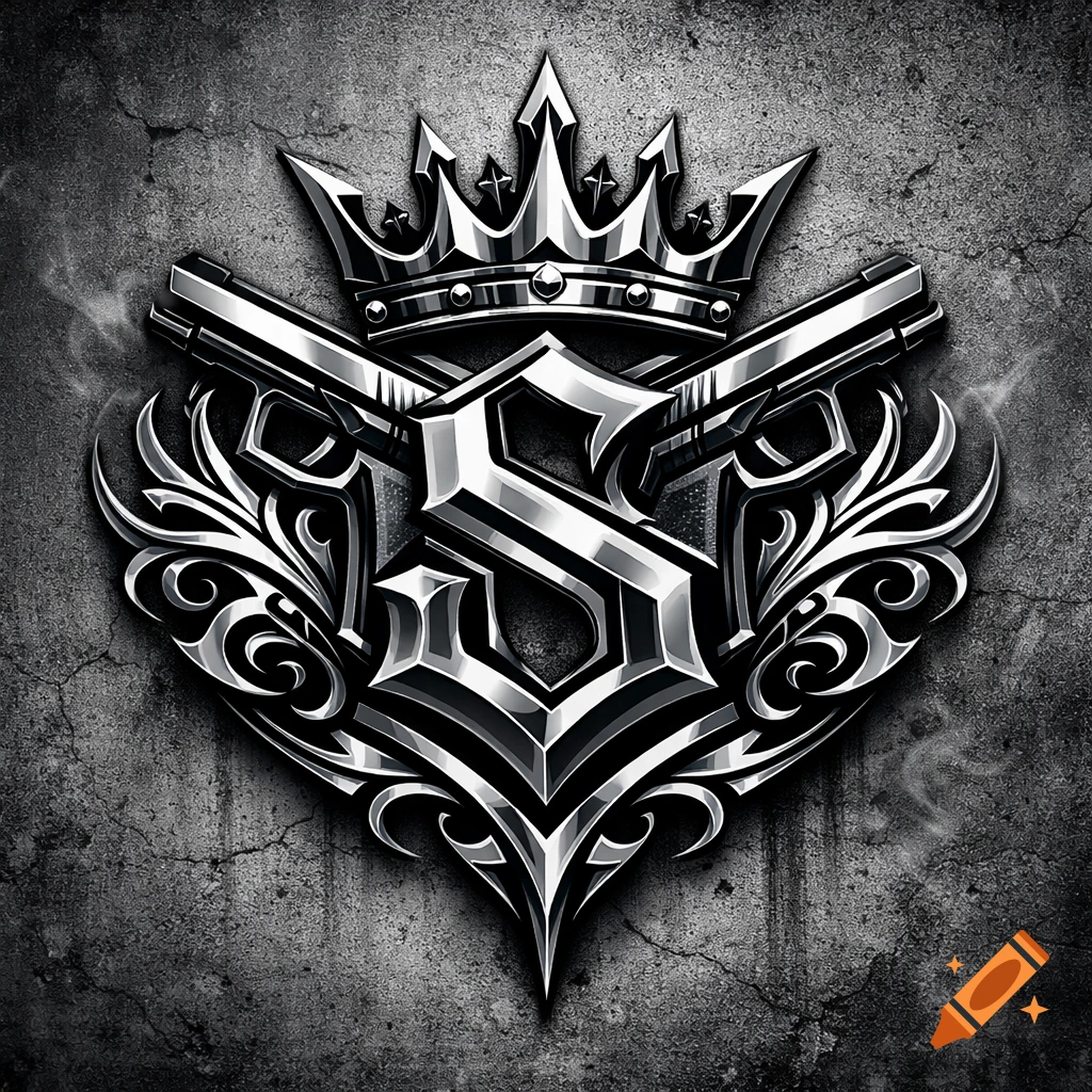 A stylized silver emblem features a large letter S, crossed handguns, a crown, and ornate scrollwork on a dark textured background.