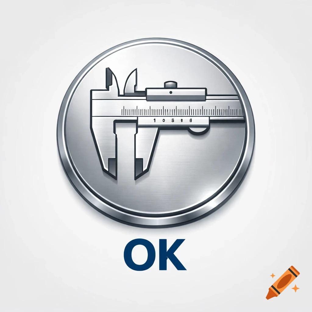 A round metallic icon with a brushed texture, featuring a caliper tool. The word "OK" is written in blue text below the icon.