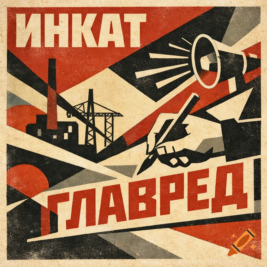 A Soviet constructivist-style poster with red, black, and beige geometric shapes. Features a hand writing, a megaphone, industrial structures, and the Russian words "ИНКАТ" and "ГЛАВРЕД".