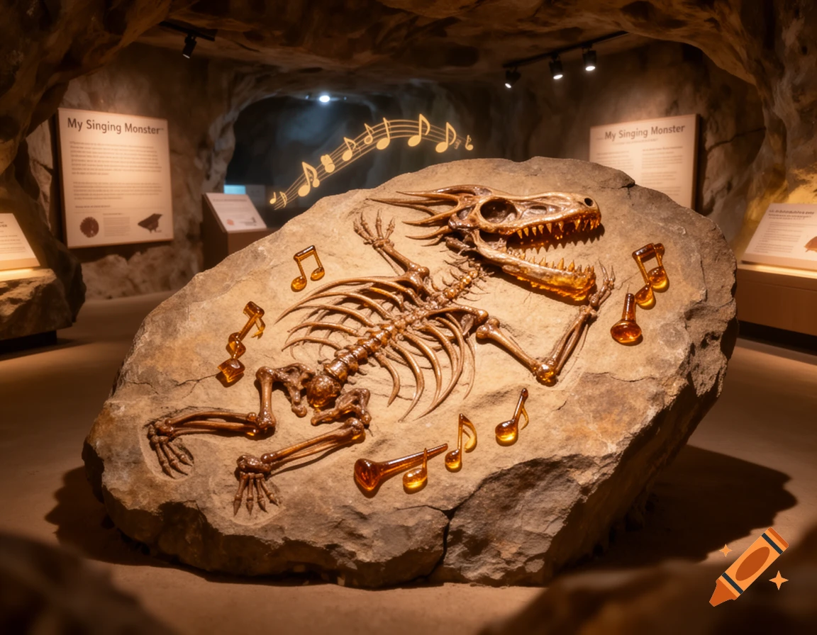 Photorealistic image of a dragon-like fossil with amber musical notes embedded in a large rock, displayed in a museum exhibit.