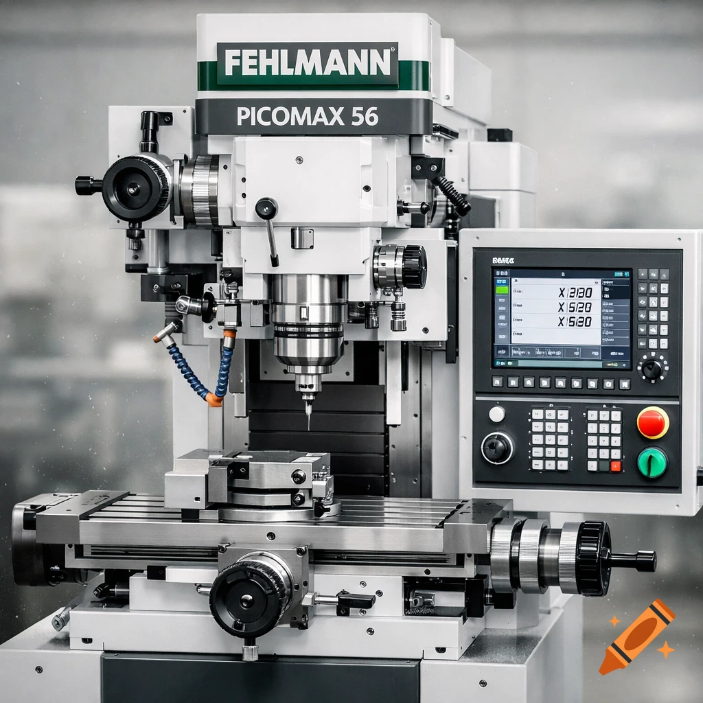 A detailed, photorealistic view of a white and grey Fehlmann Picomax 56 CNC milling machine with a digital control panel.