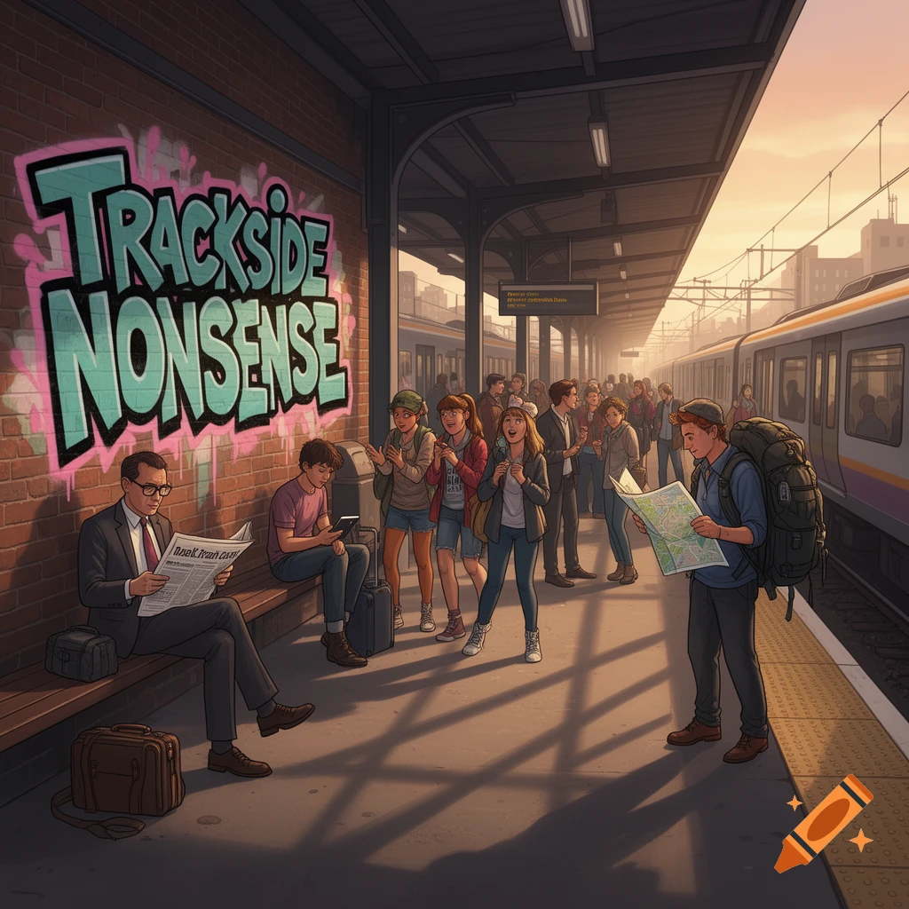 An illustrated train station platform at sunset, with passengers waiting and a large 'Trackside Nonsense' graffiti on the brick wall.
